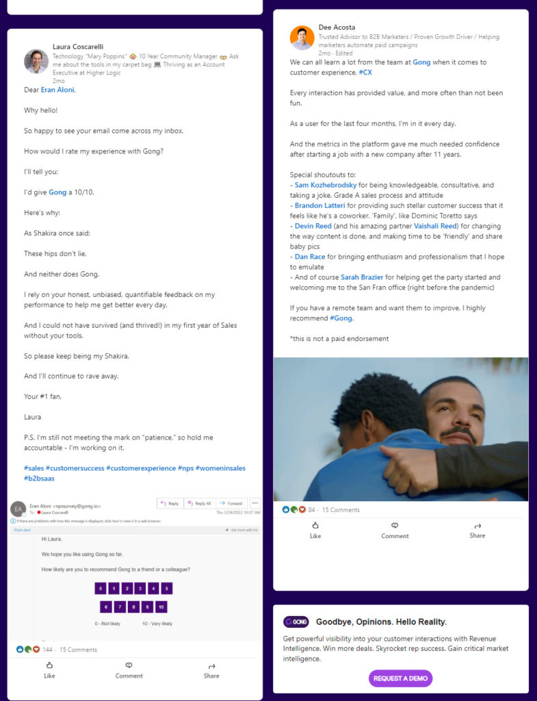 Screenshot of Gongs’s Positive Customers Review and Feedback posted on LinkedIN
