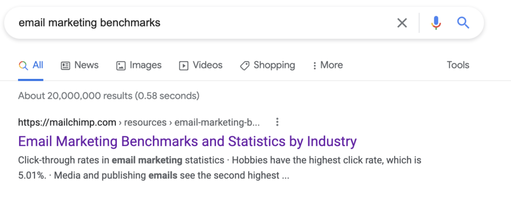 Screenshot of Google showing result for the search query “Email Marketing Benchmarks”