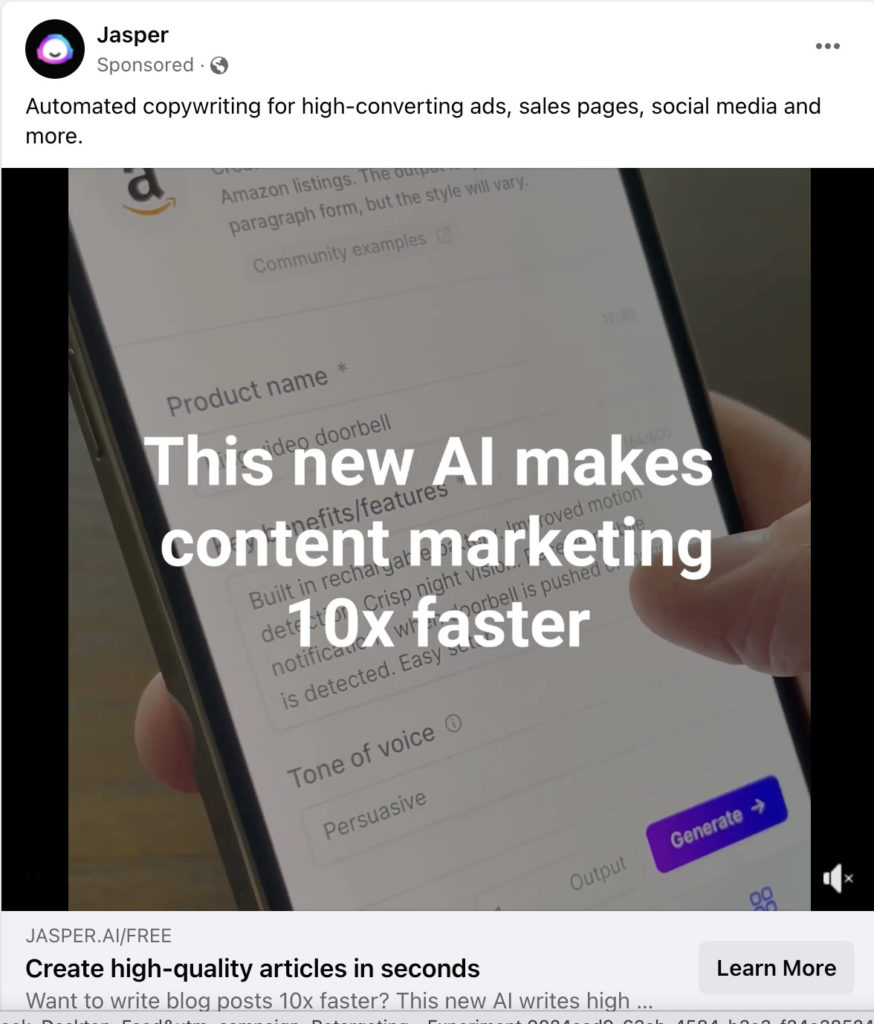 Screenshot of Jasper Facebook Ad