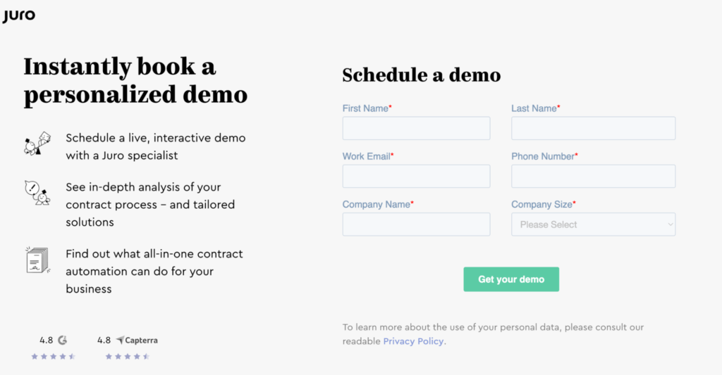 Screenshot of Juro “book a demo” CTA webpage