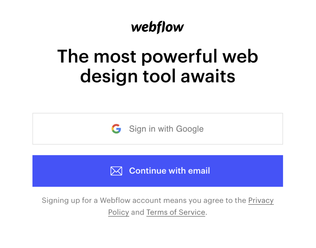 Screenshot of Webflow sign up with a Google Account