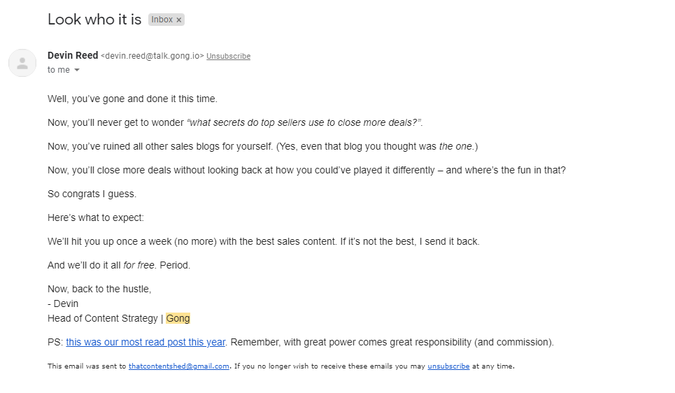 Screenshot of welcome email from Gong’s Head of Content Strategy Devin Reed