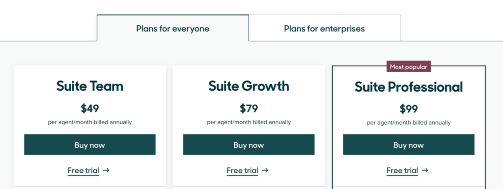 Screenshot of Zendesk Pricing Page