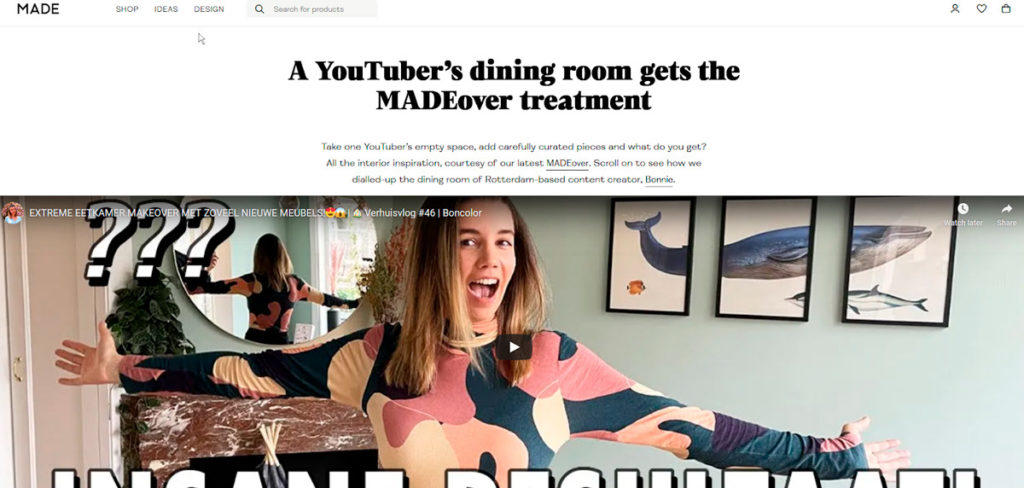 Screenshot of Made Company partnering with a YouTuber to makeover her apartment using MADE’s products