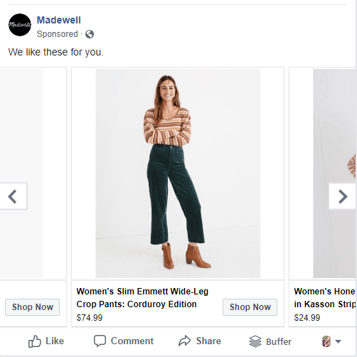 Screenshot of Madewell customizes remarketing ads on social media based on a user’s activity on their site