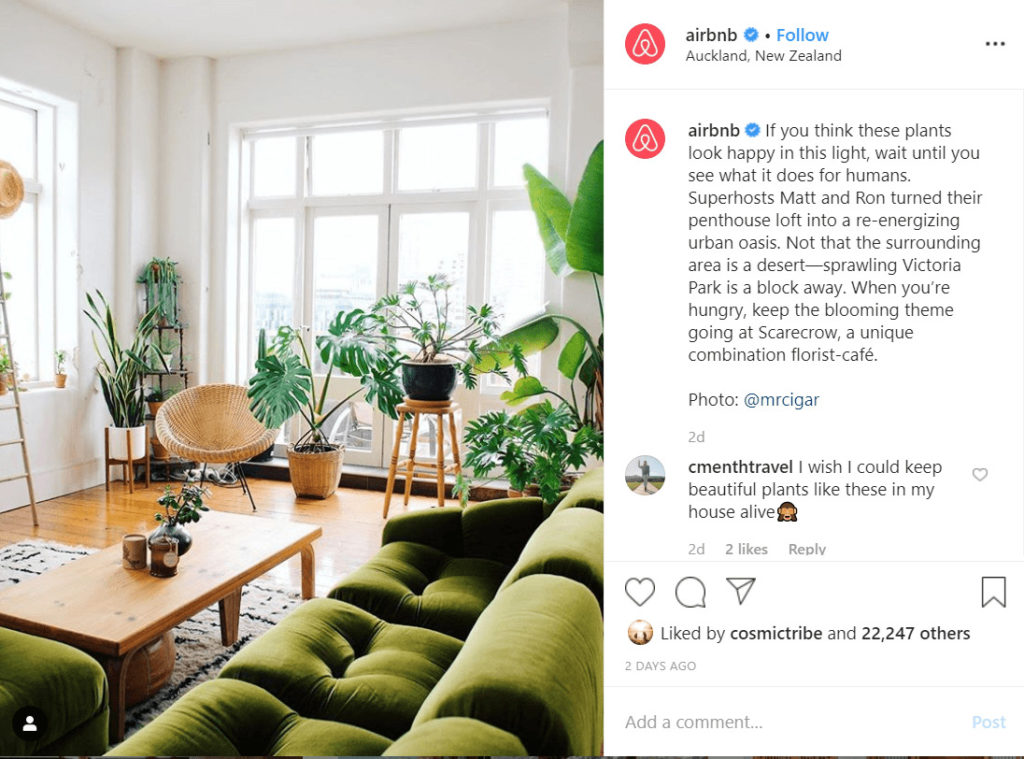 Screenshot of Airbnb Instagram post which shouts out one of their accommodation partners