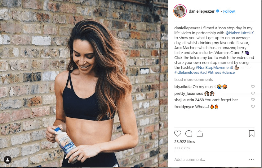 Screenshot of Danielle Peazer Instagram Post promoting Naked Juice UK