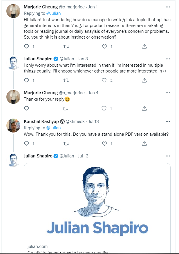 Screenshot of Julian Shapiro Twitter Posts and conversations