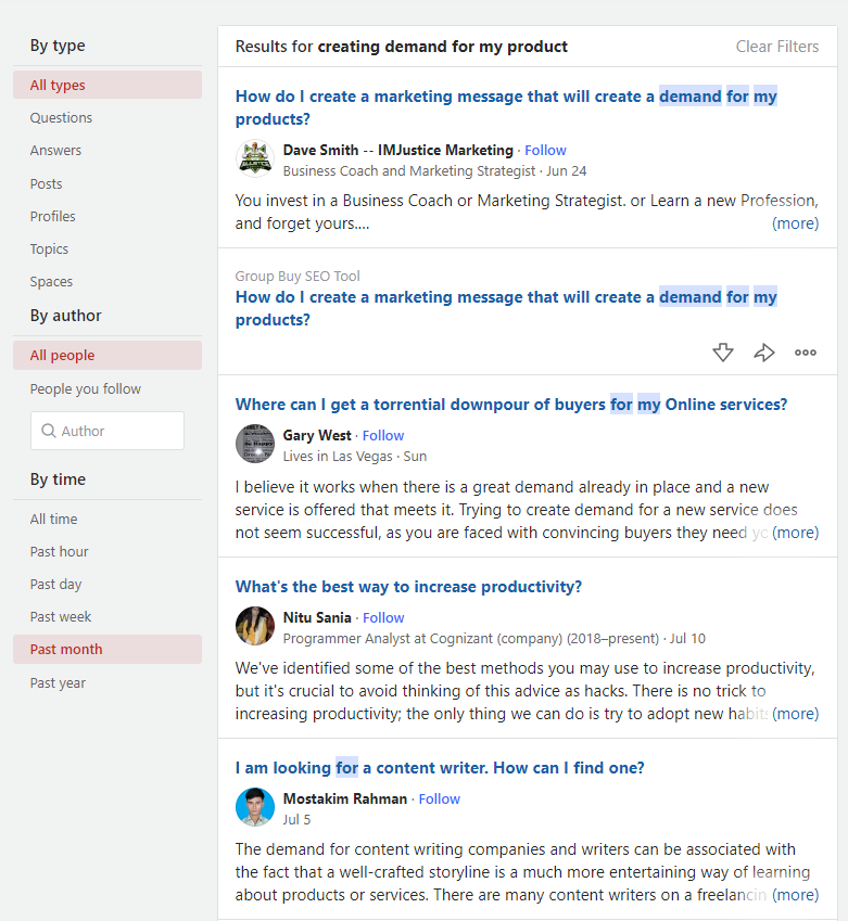 Screenshot of Quora search for “how to create demand for my product”