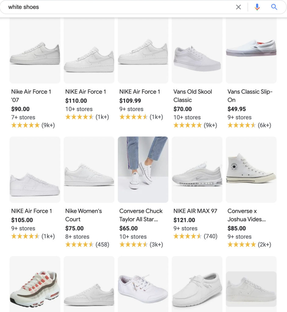 Screenshot of a Google search result for "white shoes," where the top results are popular products