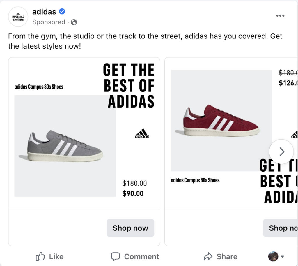 Screenshot of Adidas Personalize Facebook Ad