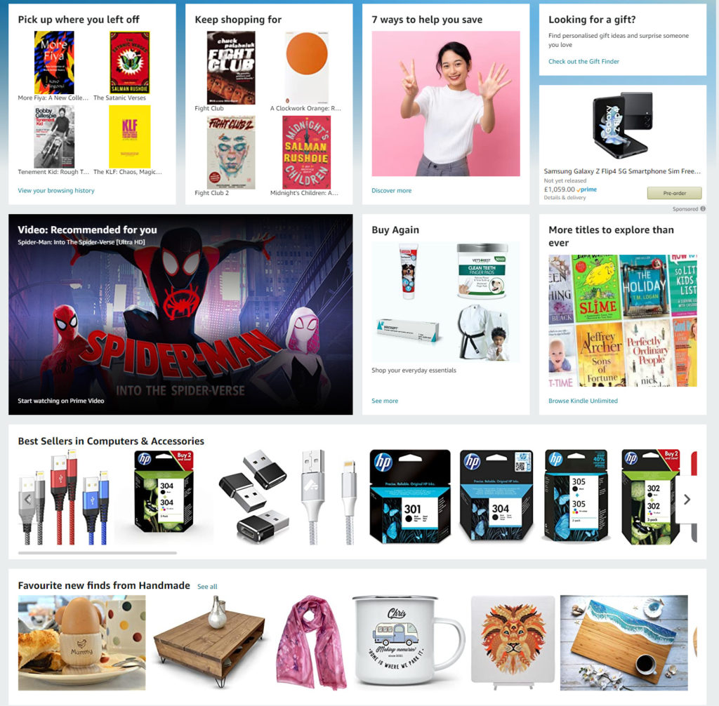 Screenshot of Amazon Personalize Homepage based on previous purchases and searches