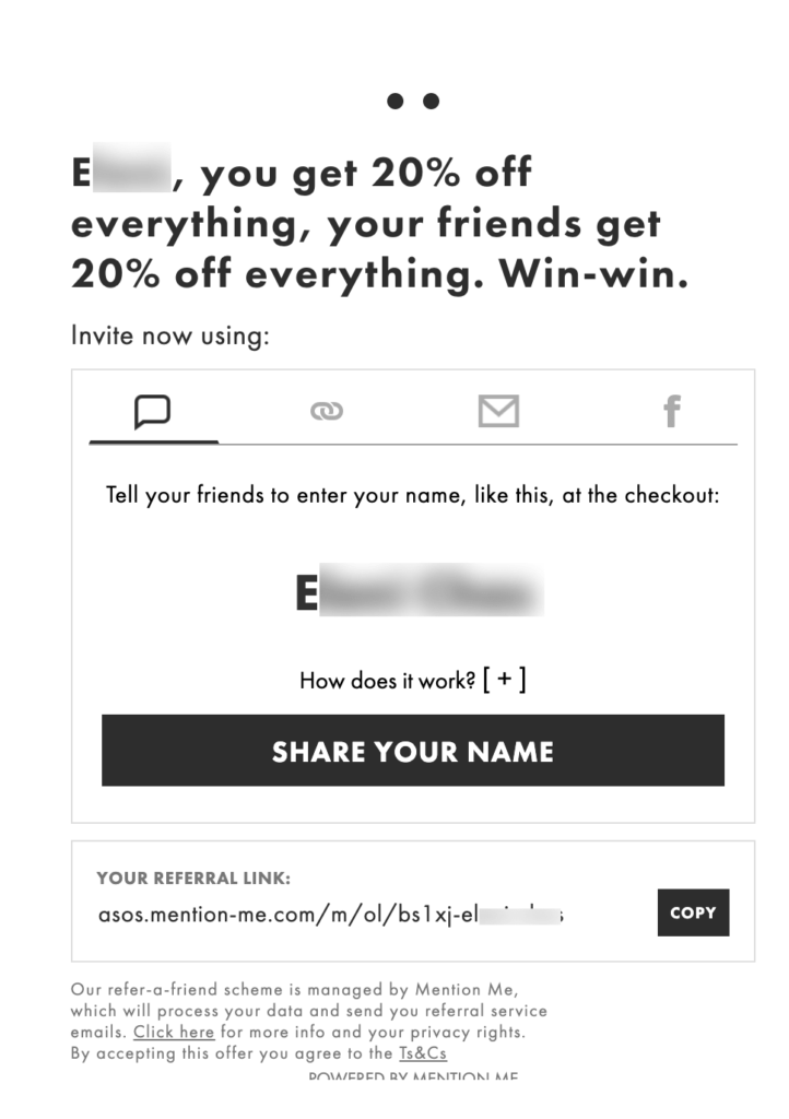 Screenshot of ASOS Referral Code