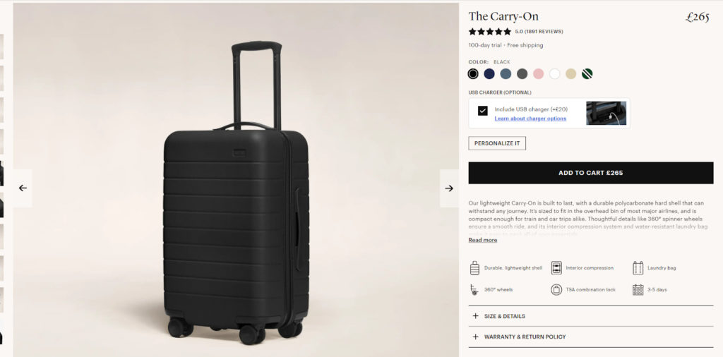 Screenshot of Away Travel Product Description