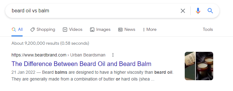 Screenshot of Beard Oil vs Balm Google Search Result