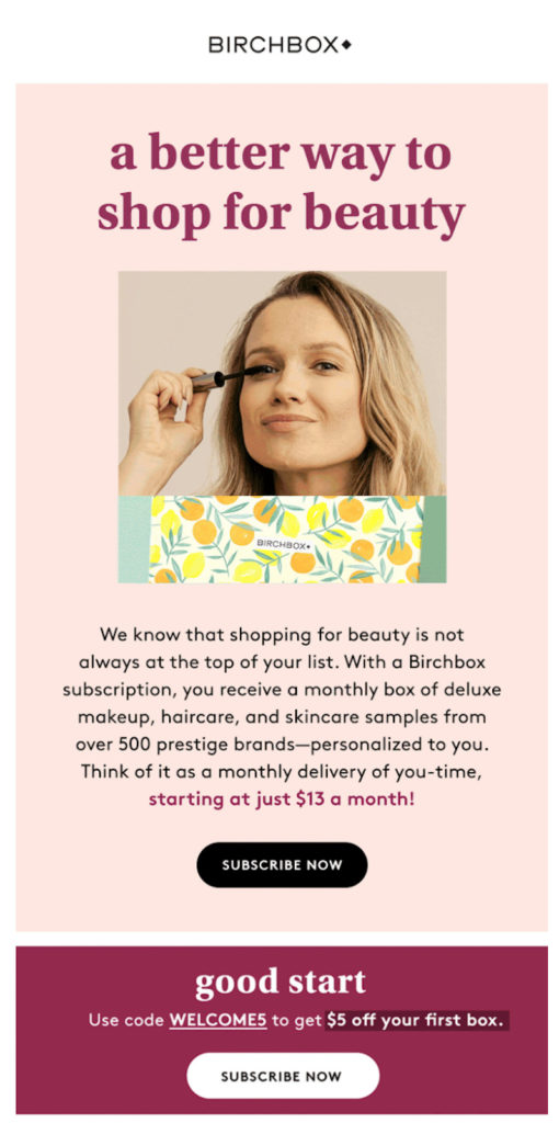 Screenshot of Birchbox’s email series selling the value of a subscription including a welcome discount