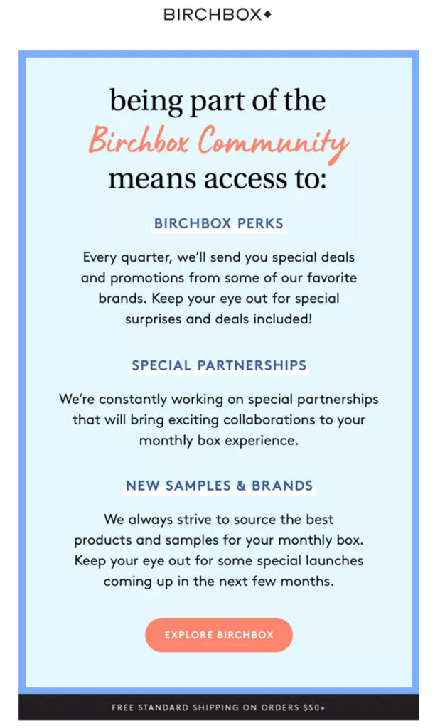 Screenshot of Birchbox’s Third Email that shows offers and perks of being a subscriber