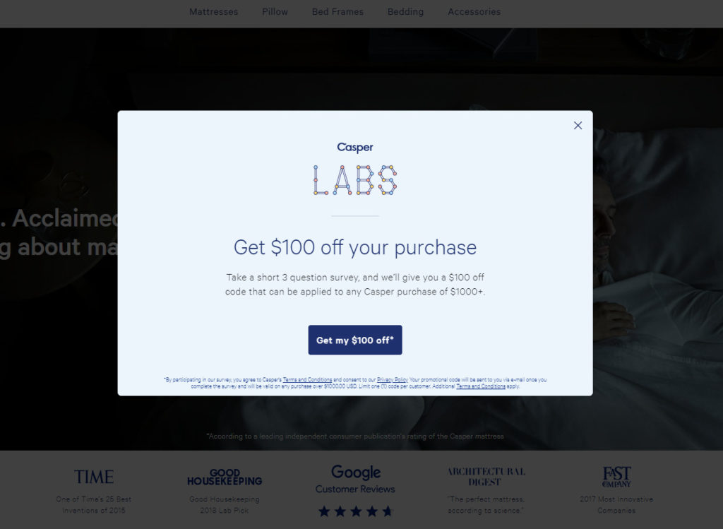 Screenshot of Casper pop-up offering customers $100 off their purchase
