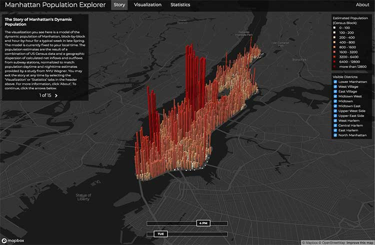 Density map in 3D representing the population of Manhattan