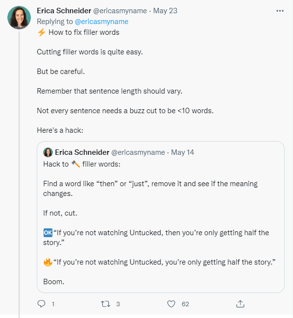 Screenshot of Erica Schneider Twitter Post about cutting filter words