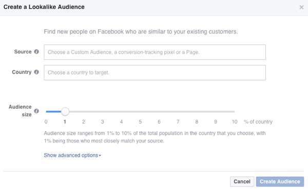 Screenshot of Facebook Create Lookalike Audience Options