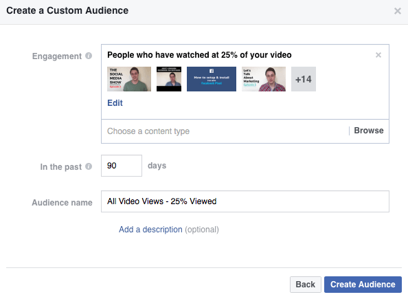 Screenshot of Facebook custom video audience