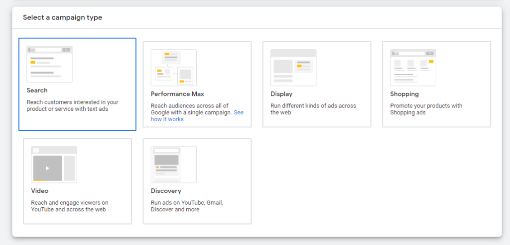 Screenshot of Google Campaign Type