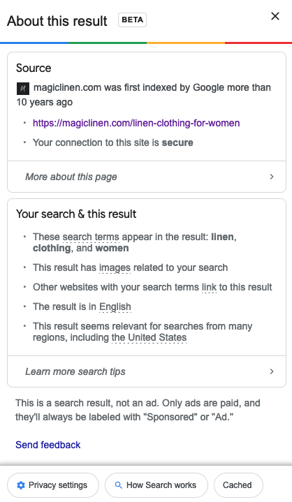 Screenshot of Google’s reasons for bringing up MagicLinen’s website first on Search Result