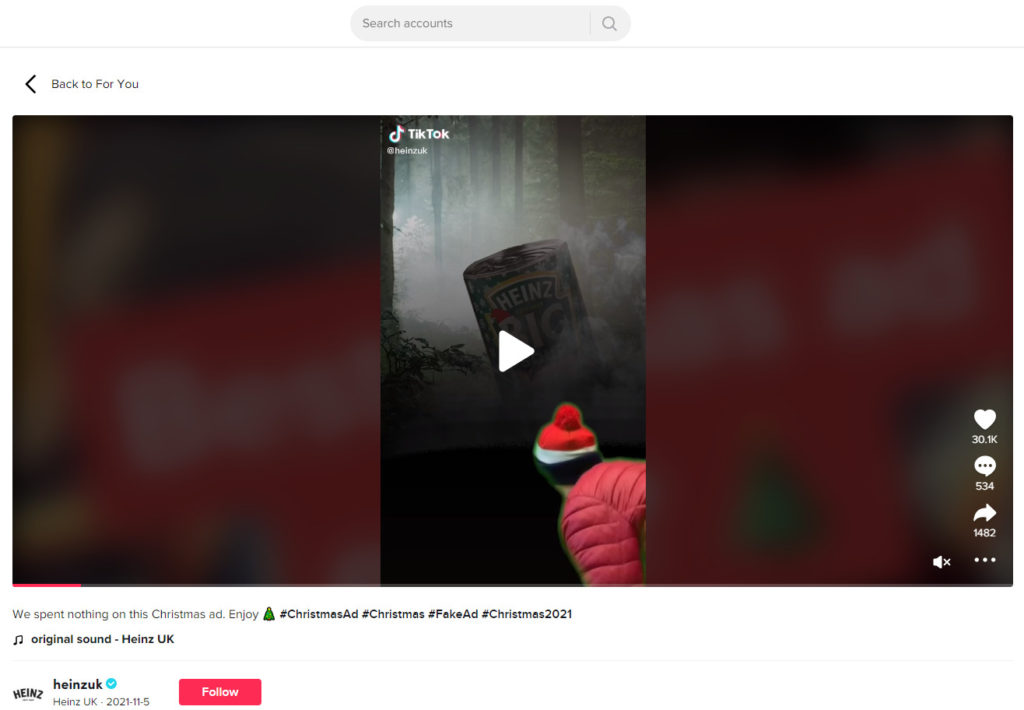 Screenshot of Heinz Tiktok Ad to spread the joy of Christmas