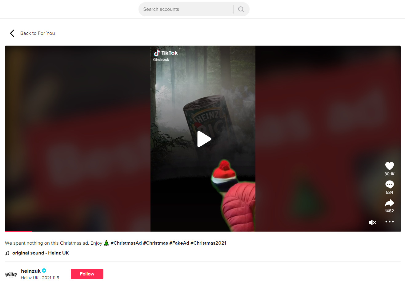 Screenshot of Heinz Tiktok Ad to spread the joy of Christmas