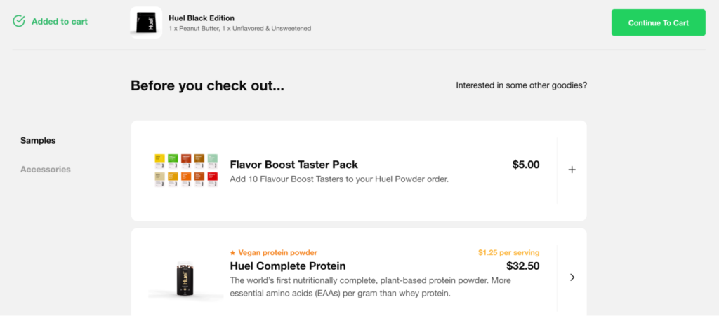 Screenshot of Huel cross-sells at their checkout page