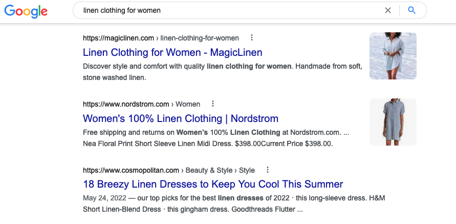 Screenshot of Google Search Result Showing MagicLinen brand outranks multi-billion-dollar retailer Nordstrom for the phrase “linen clothing for women”