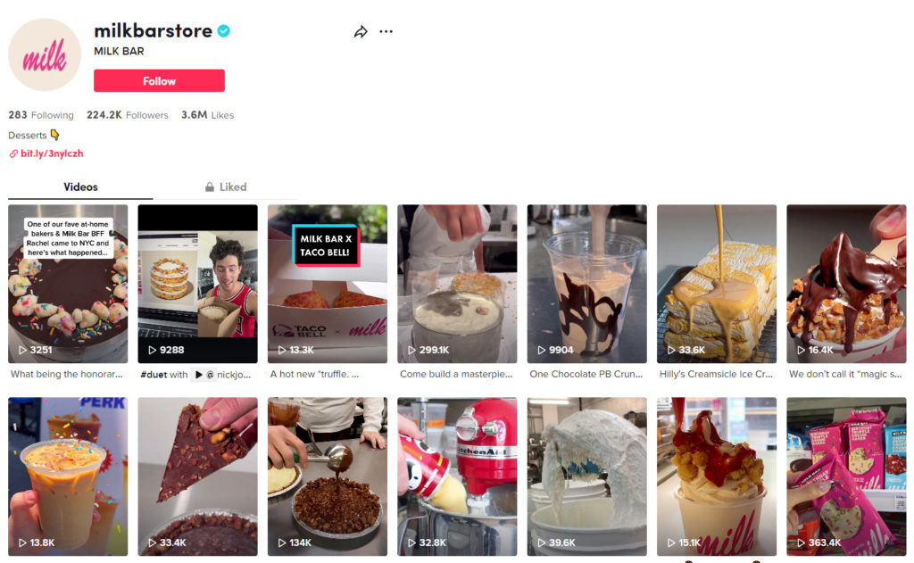 Screenshot of Milk Bar Store TikTok Account