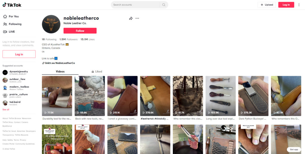 Screenshot of Noble Leather Tiktok Account