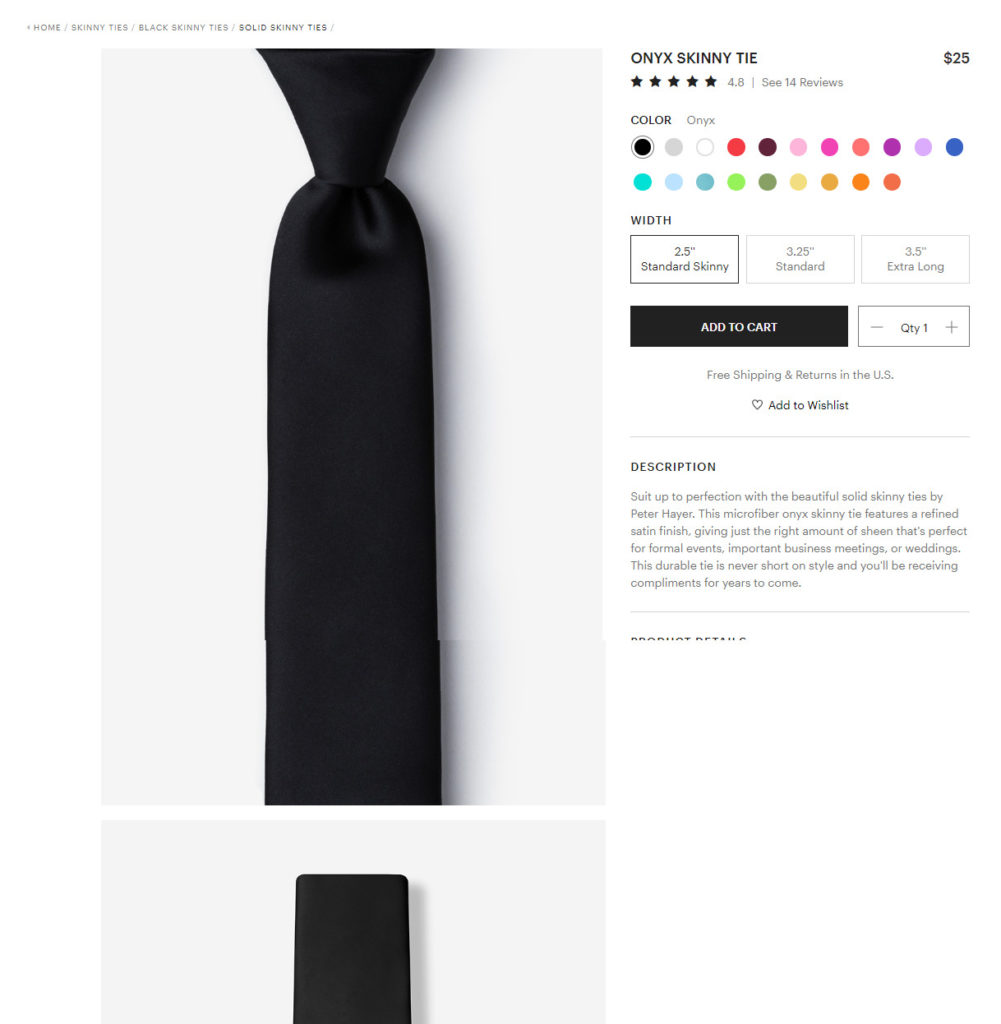 Screenshot of Onyx Skinny Tie Product Description and Details