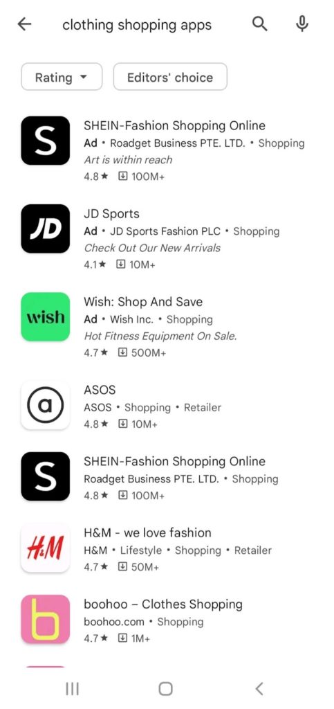 Screenshot of Search Query for Clothing Shopping Apps in Google Play Store