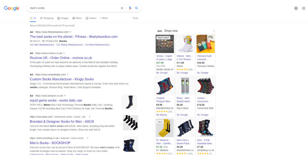 Screenshot of Search Query for Men’s Socks