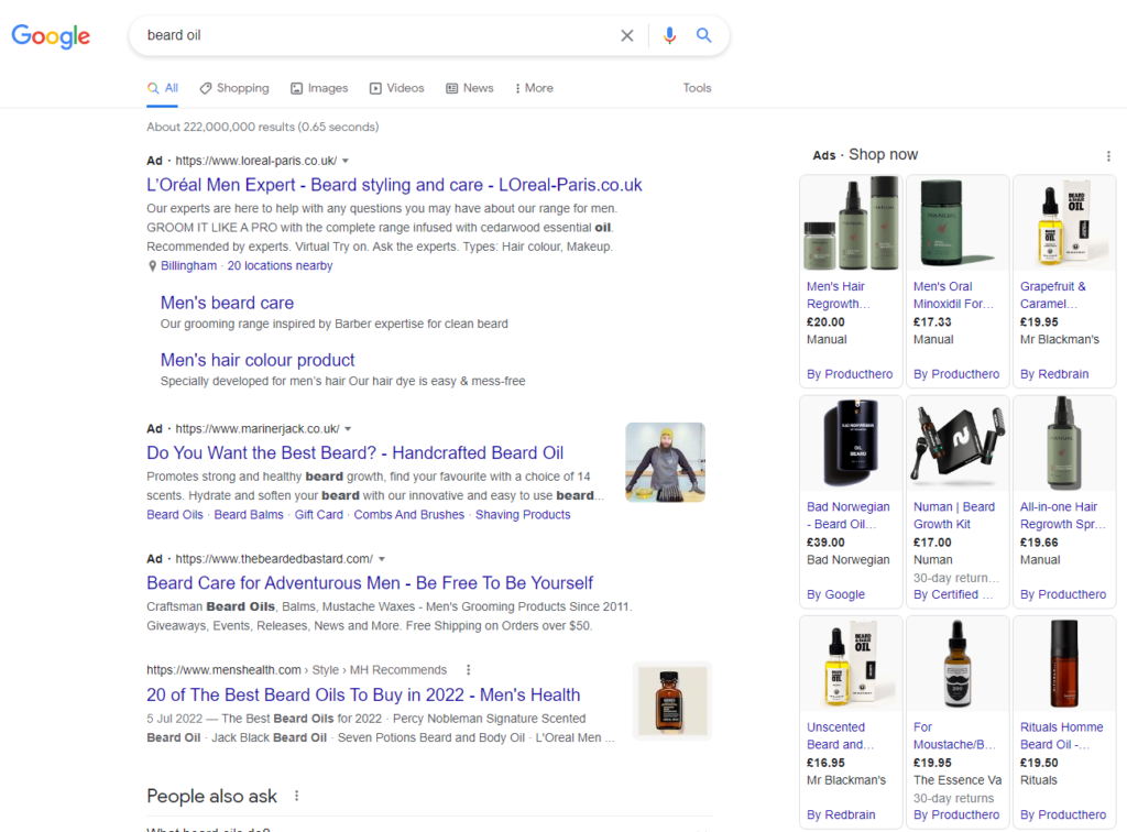 Screenshot of Search Query for the term beard oil that shows L’Oreal search ad