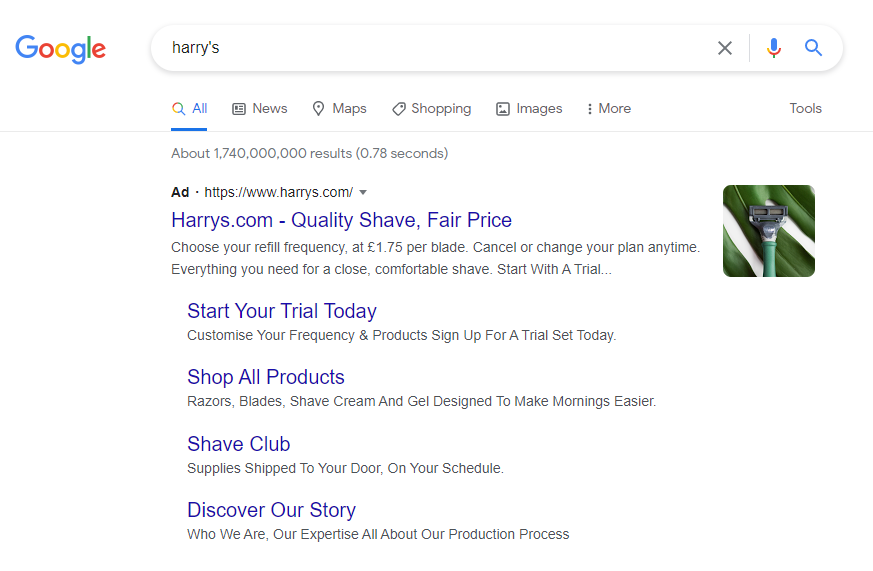 Screenshot of Search Query for the term harrys