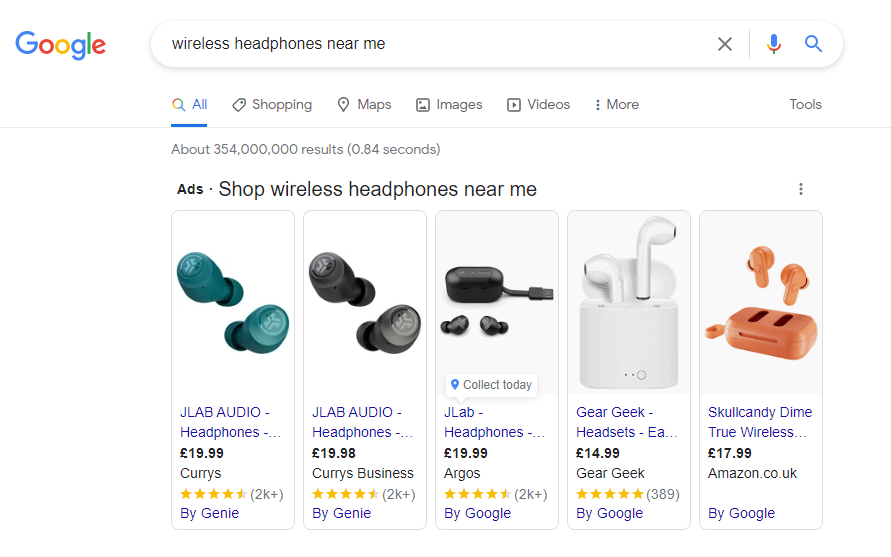 Screenshot of Search Query for the term Wireless Headphones Near Me