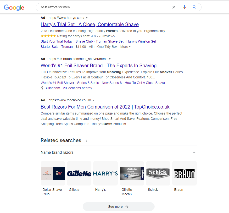 Screenshot of Search Query on Best Razors For Men