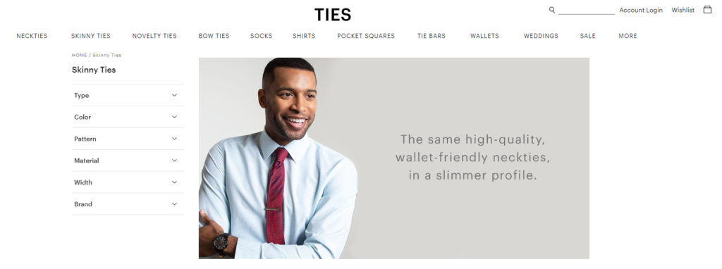 Screenshot of Ties Website showing Skinny Ties Menu option