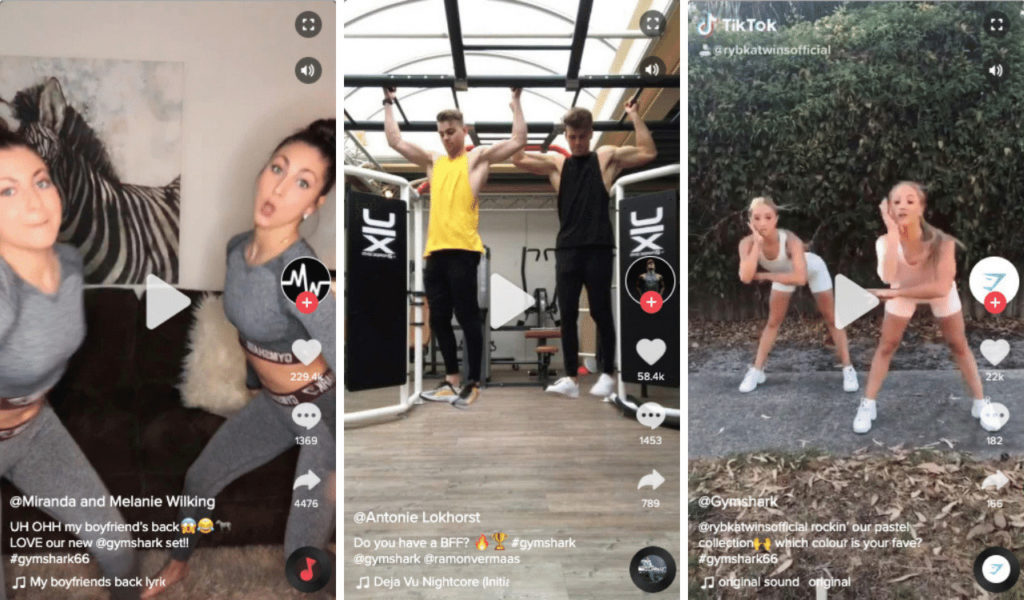 Screenshot of TikTok influencers like the Wilking Sisters, Antonie Lokhorst and Rybka Twins collaborating with Gymshark