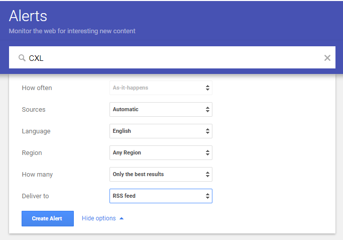 Screenshot of Google Alerts Set-Up