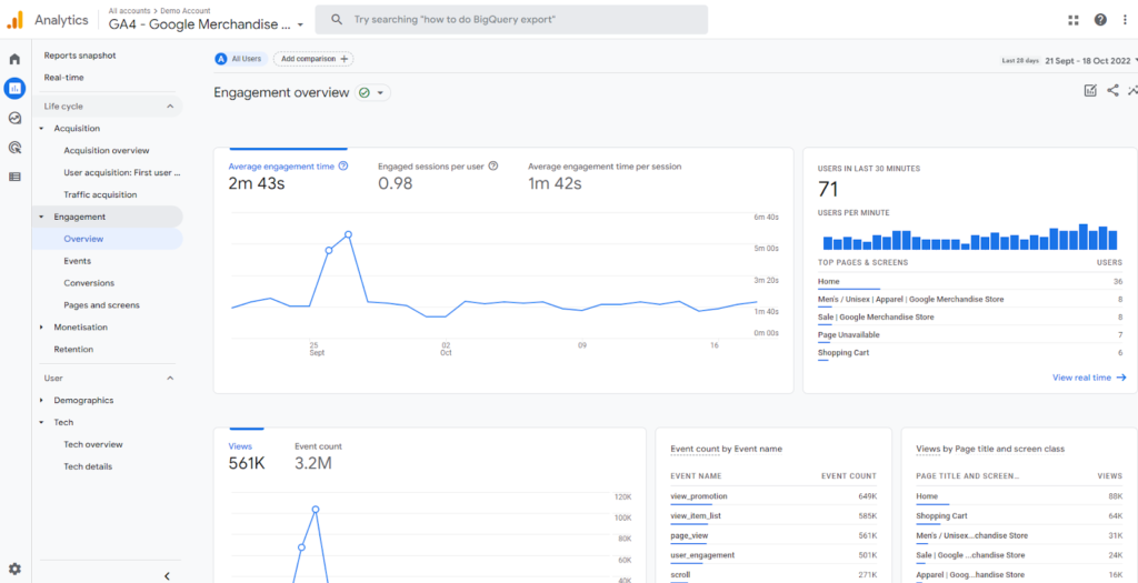 Screenshot of Google Analytics that shows where to measure Engagement Rate