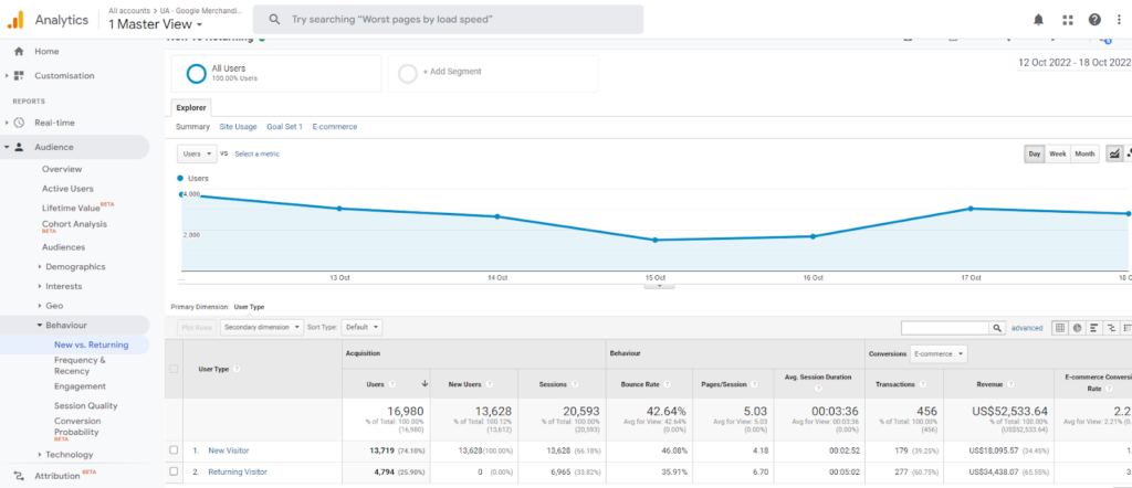 Screenshot of Google Analytics that shows where to track New vs. Returning visitors