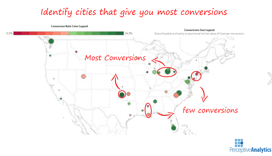 Perceptive Analytics’ Map Chart showing cities that gives most conversions