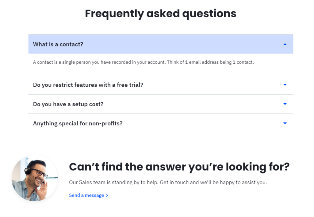 Screenshot of ActiveCampaign’s Frequently Asked Questions Page