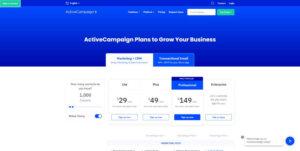 Screenshot of ActiveCampaign’s pricing page