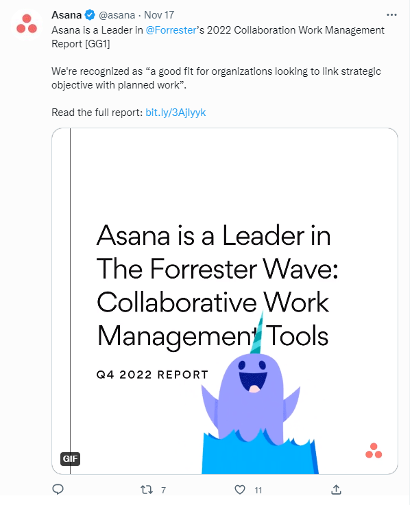 Screenshot of Asana’s tweet about their mission and purpose